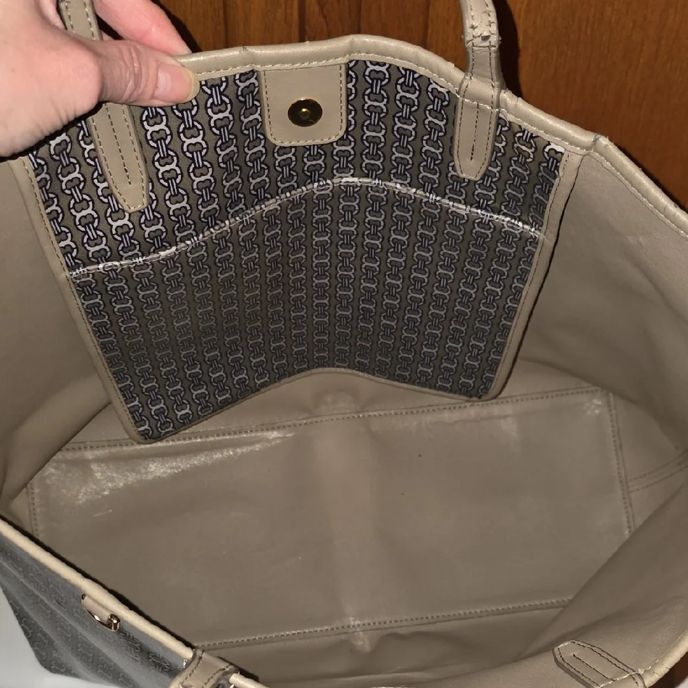 Tory Burch Gray Logo Canvas Tote with Center Stripe